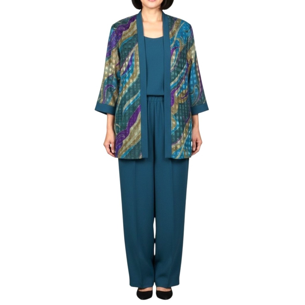 R&M RICHARDS Green/Multi CREPE Texture Chiffon JACKET/TOP/PANTS Duster Set Sz 18